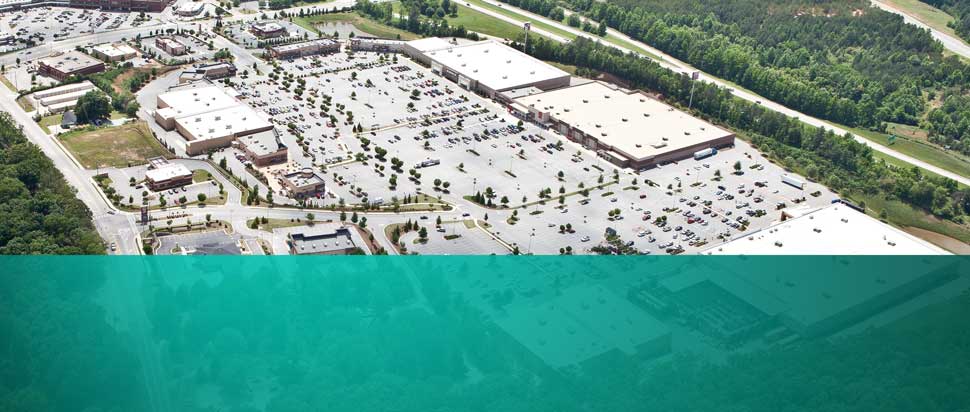 Stonebridge Village aerial detail—a restaurant, retail and box store development in Flowery Branch, Georgia.